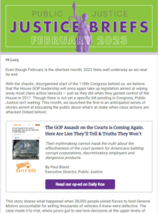 Screenshot of February 2023 newsletter Justice Briefs.