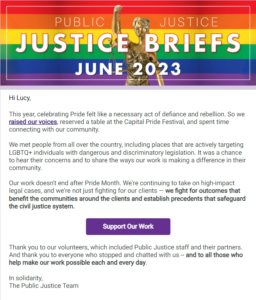 Screenshot of 2023 Public Justice email newsletter