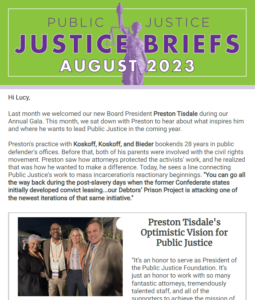 Screenshot of August 2023 issue of Justice Briefs newsletter
